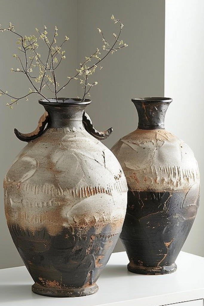 Two large, textured ceramic vases, one with delicate branches, against a neutral backdrop.