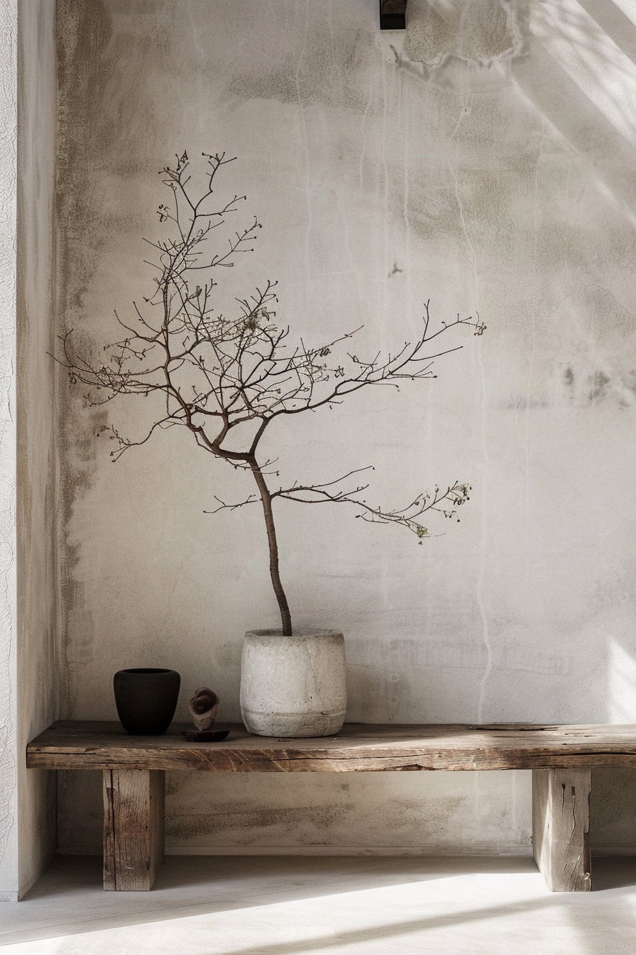 A serene setting with a bare tree in a concrete pot on a rustic wooden bench, accompanied by two small bowls, against a textured wall.