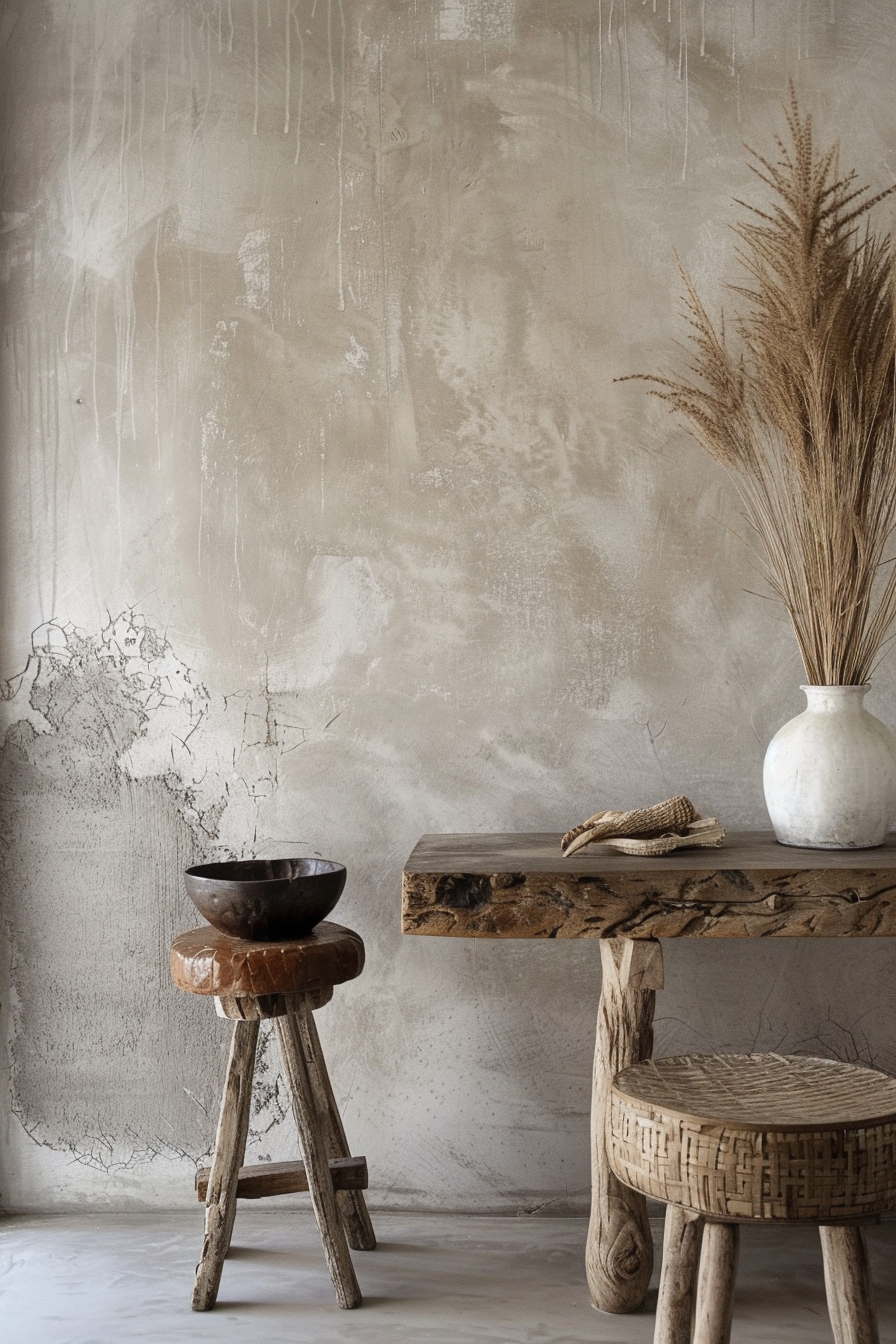 Rustic interior with textured wall, wooden bench, stool with bowl, and vase with dried grasses.