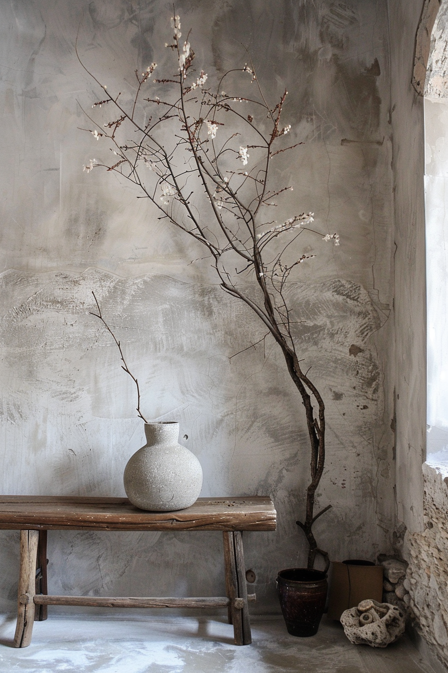 Textured wall with rustic bench and ceramic vase holding a delicate, blossoming branch, accompanied by a small pot and decorative stones.