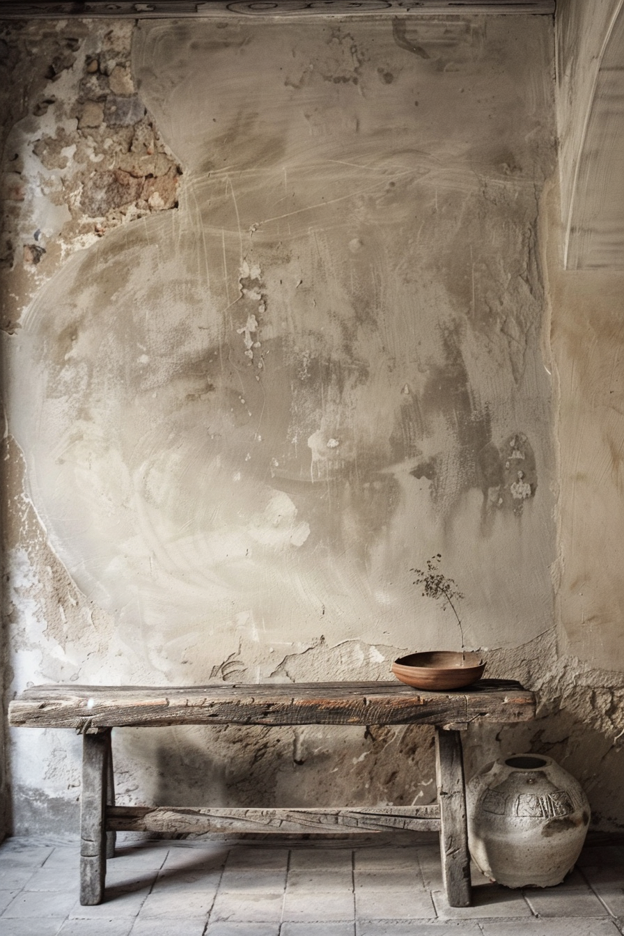 A rustic wooden bench with a ceramic bowl on it, next to an earthenware pot, against a weathered plaster wall.