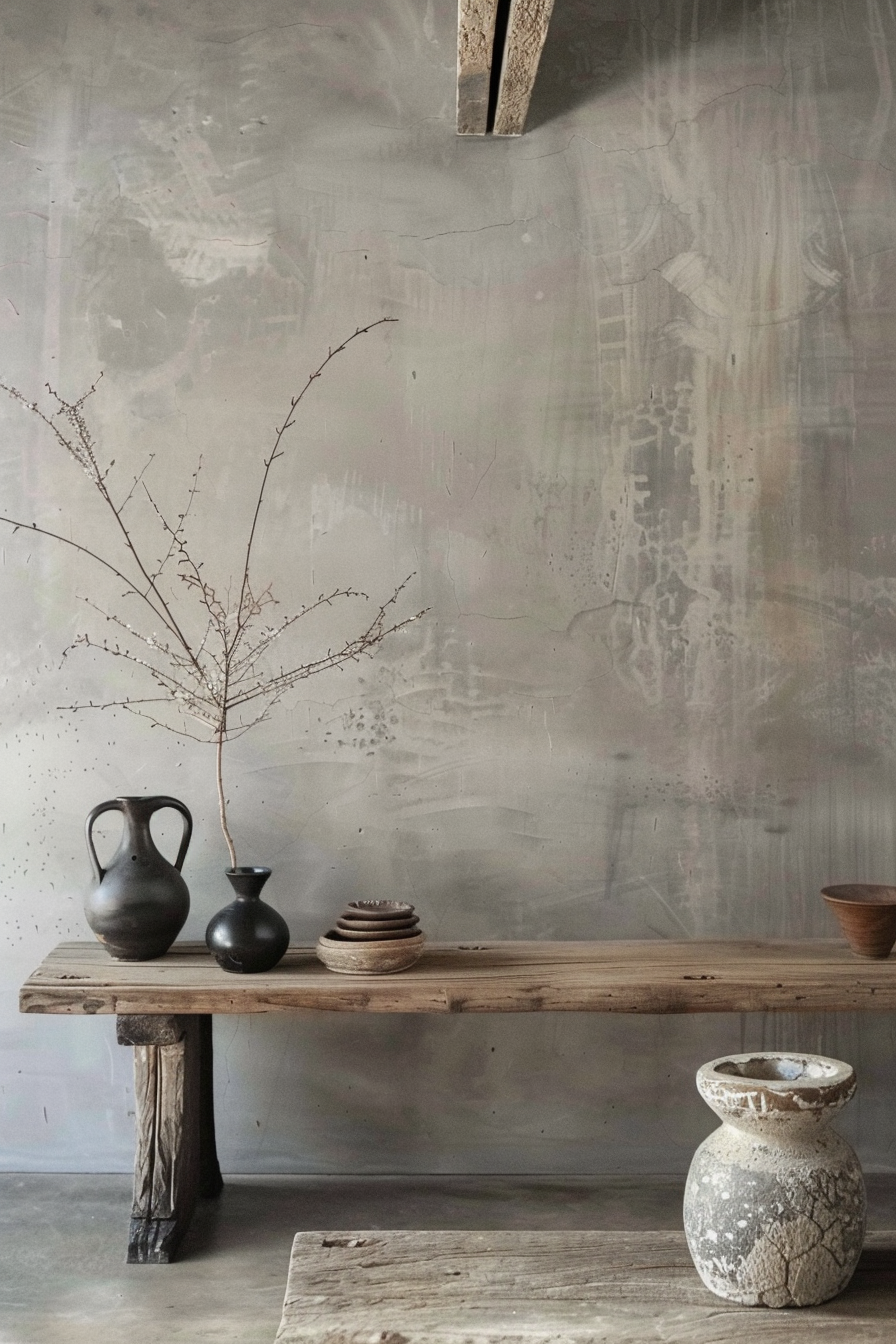 Rustic interior with wooden bench displaying black pottery, a dried plant, and a textured wall in the background.