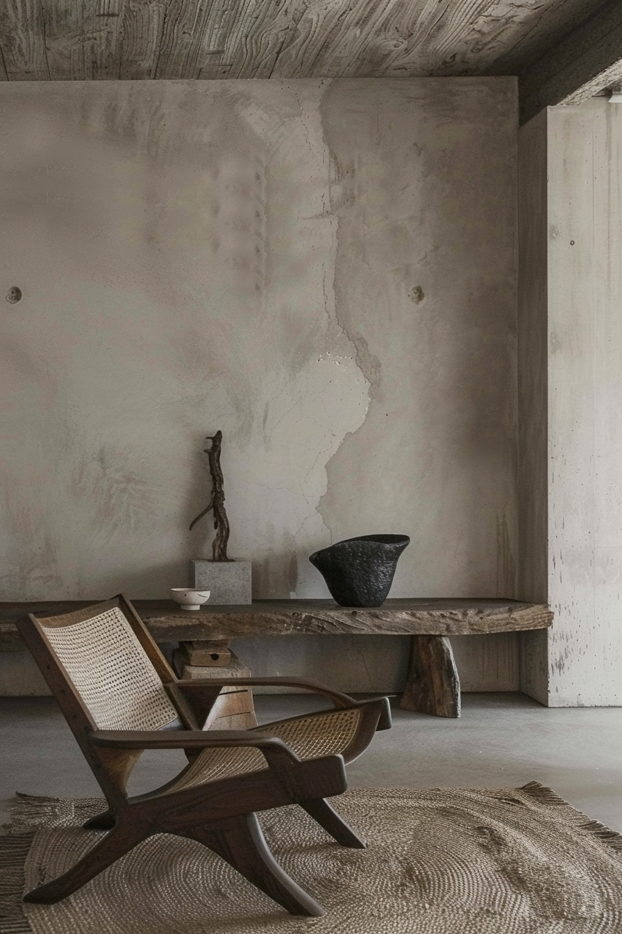 A rustic interior with a wooden chair, bench, textured rug, and minimalist pottery on a distressed plaster wall background.