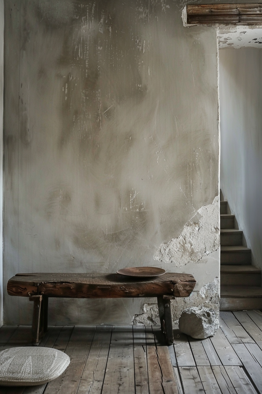 Alt text: A rustic wooden bench with a ceramic plate on it, placed against a textured wall near a staircase in a room with a wooden floor.