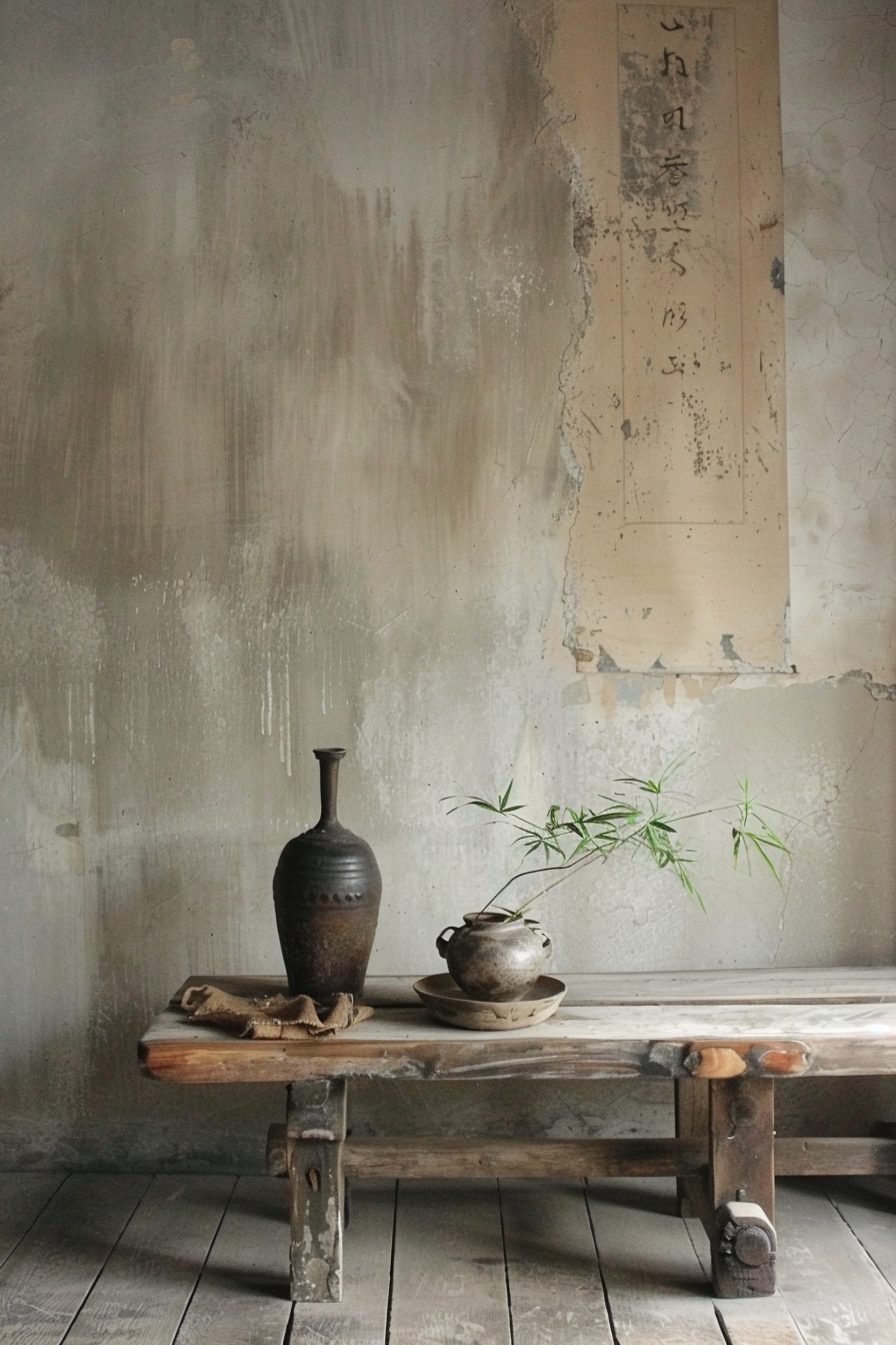 "An aged room with distressed walls, featuring a rustic wooden bench with a vase, teapot, and fresh greenery, suggesting a tranquil, vintage setting."