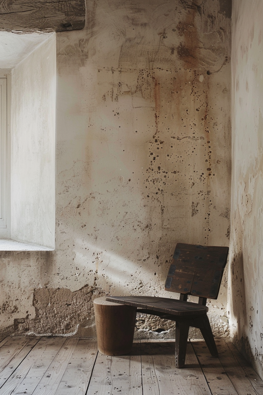 ALT: An old wooden bench and a small stool in a dilapidated room with peeling walls lit by natural light from a window.