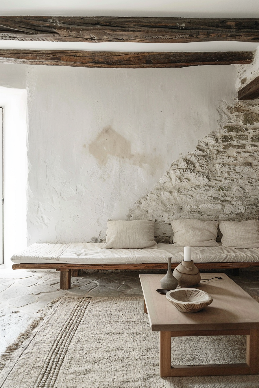 A rustic interior with an exposed stone wall, wooden beams, a low wooden bed with white cushions, and a simple wooden coffee table.