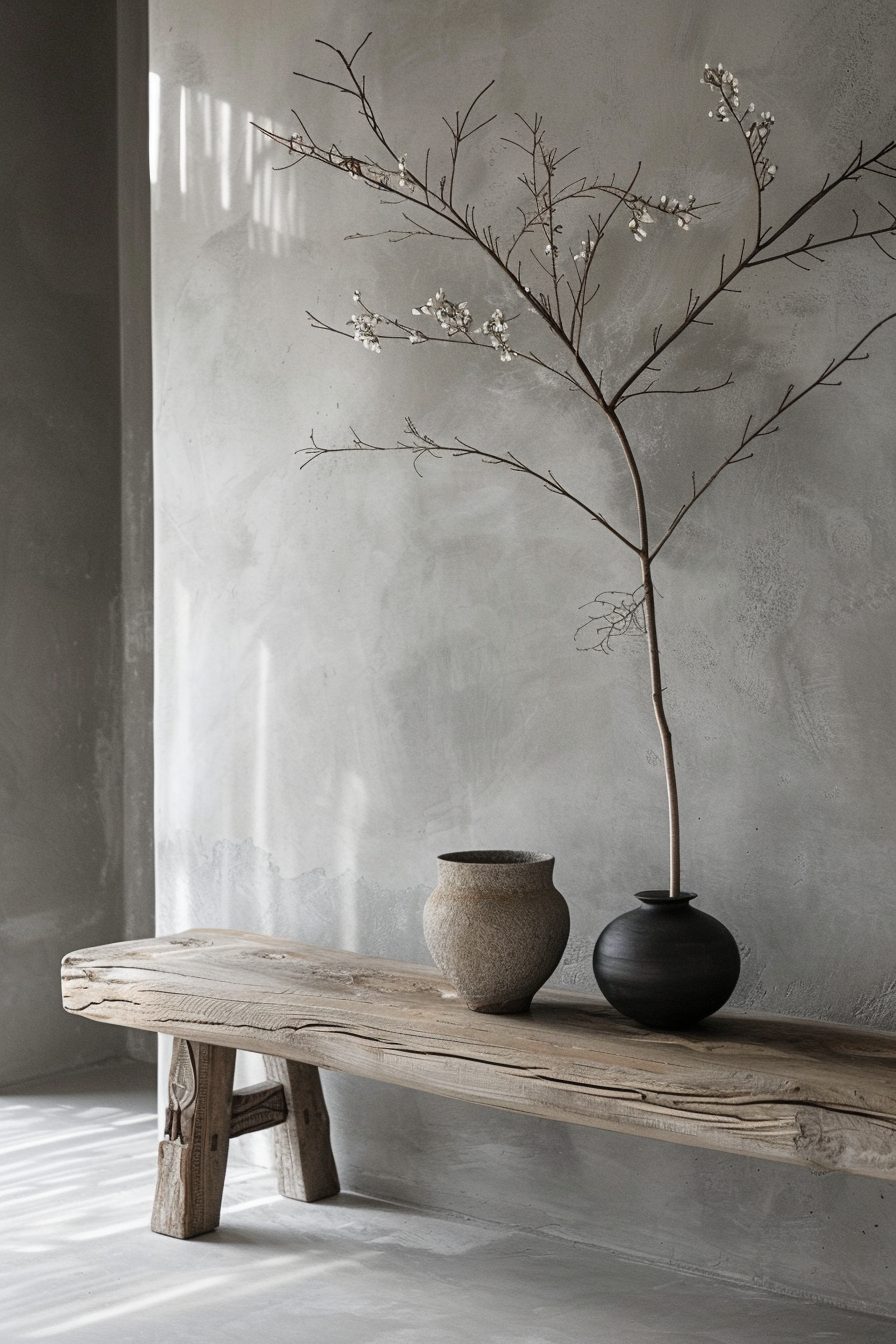 A rustic wooden bench with two vases and a branch with small white flowers in a minimalist room with concrete walls.