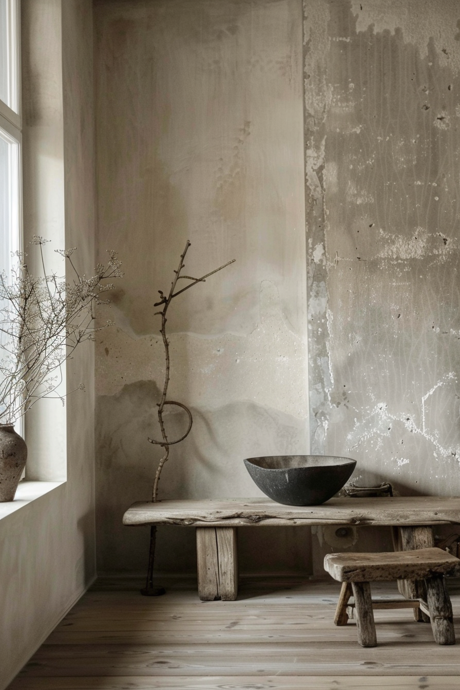 A rustic interior with a wooden bench, a small stool, and vases with dried branches against a textured wall.