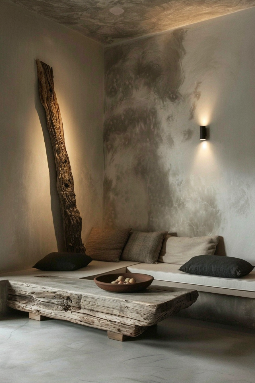 A minimalist room with a rustic wooden bed and a tall, natural wooden piece leaned against a textured wall, illuminated by a wall lamp.