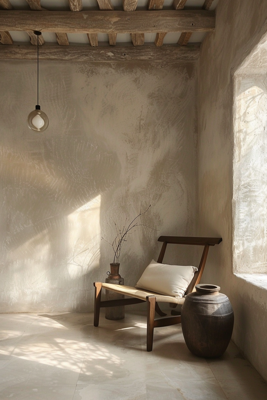 ALT: A serene corner with a wooden lounge chair, cushion, ceramic vase, and a pendant light casting shadows on textured walls.