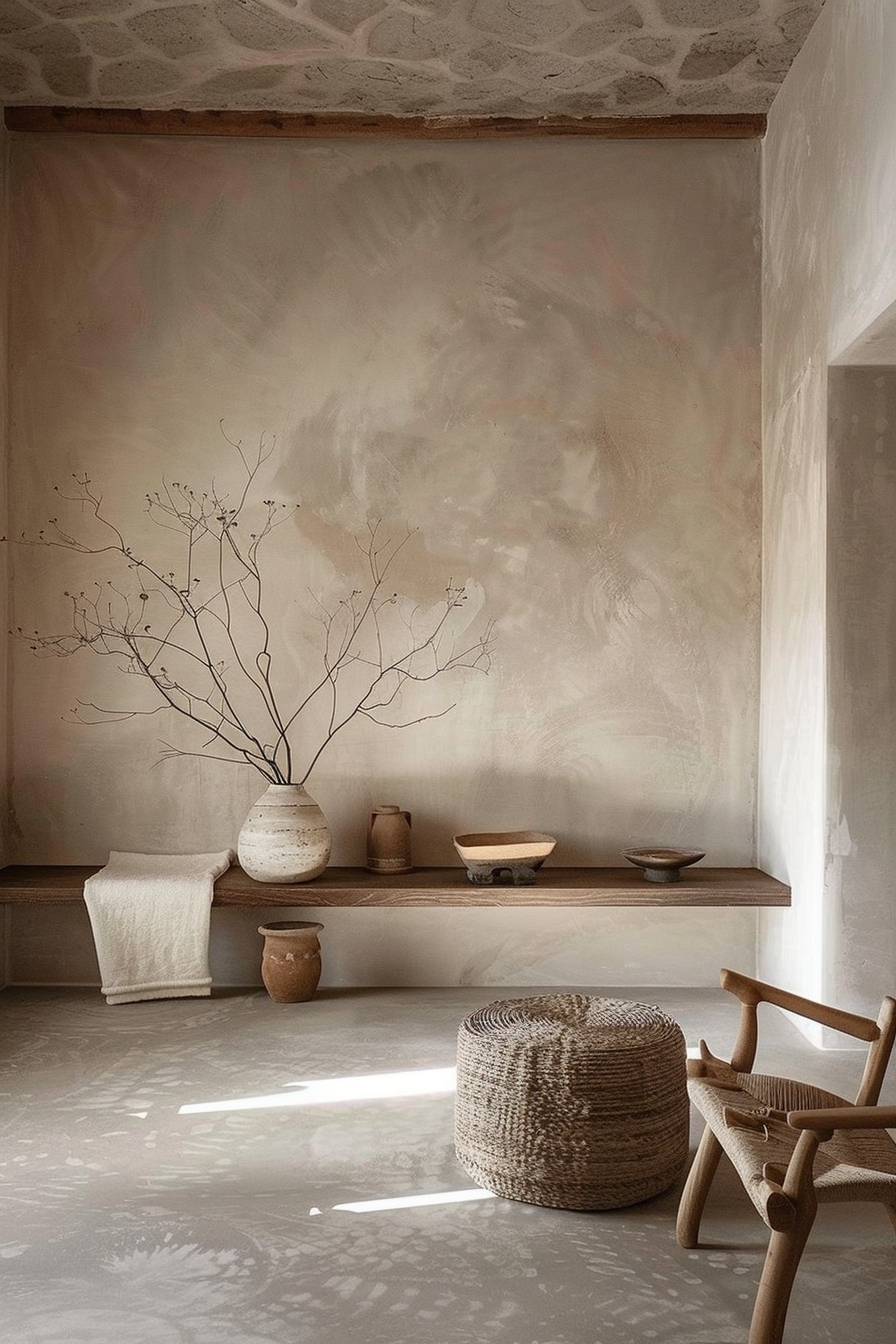 A minimalist room with a wooden shelf displaying pottery, a vase with branches, a woven pouf, and chair, illuminated by natural light.
