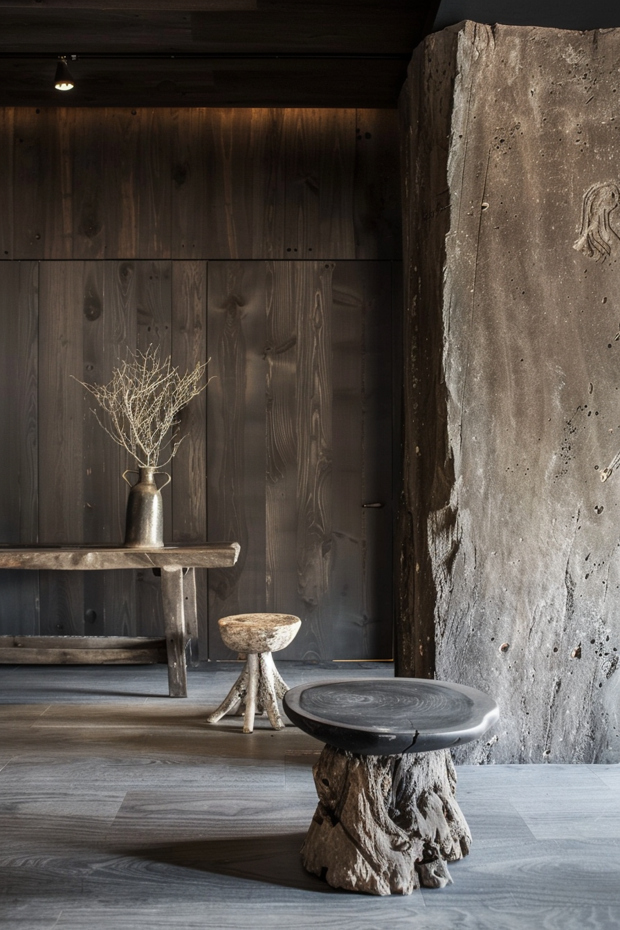 Rustic interior with a wooden bench, a vase with dried branches, a wooden stool, and a unique tree trunk table against dark wood and concrete walls.