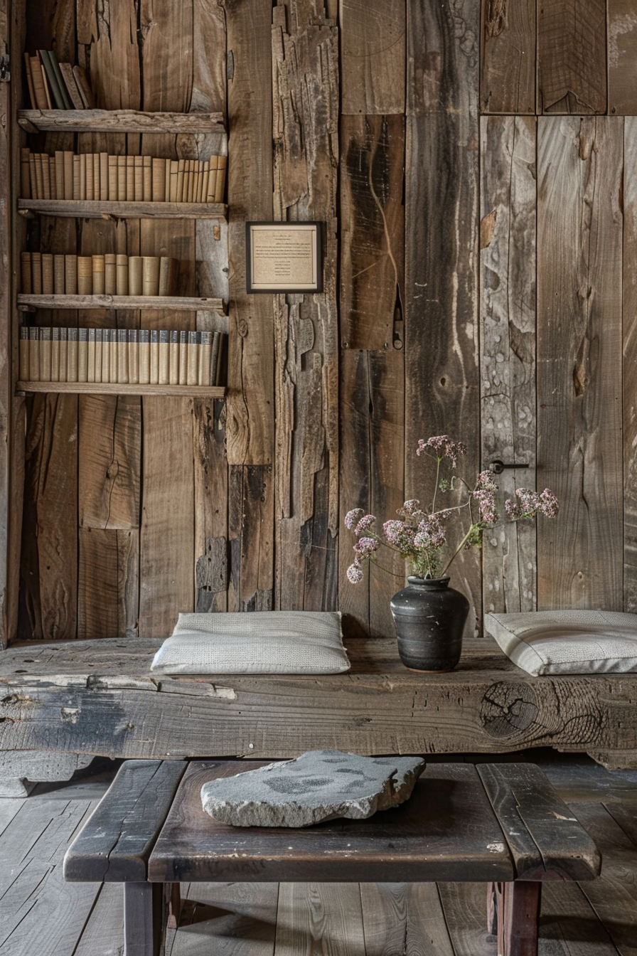 Rustic wooden interior with bookshelf, bench, pillows, and a vase of flowers, all conveying a cozy, vintage atmosphere.