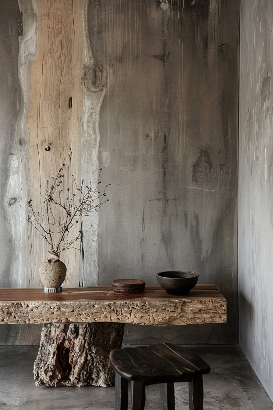 Rustic wooden bench with a vase and branches, bowls, against a textured gray wall, with a dark stool on concrete floor.