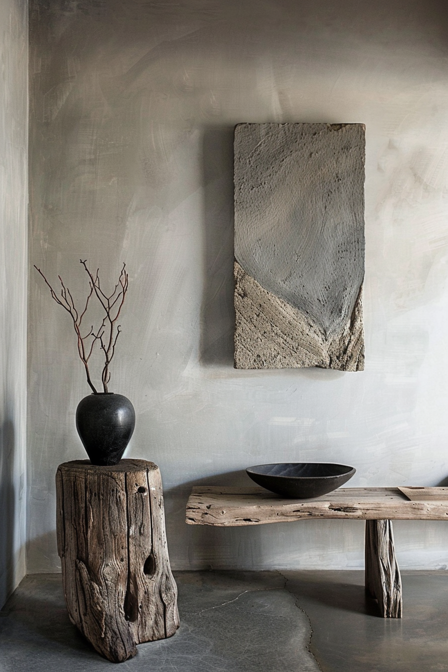 Rustic interior decor with a textured painting on the wall, a wooden stump with a vase and twigs, and a rough wooden bench with a black bowl.