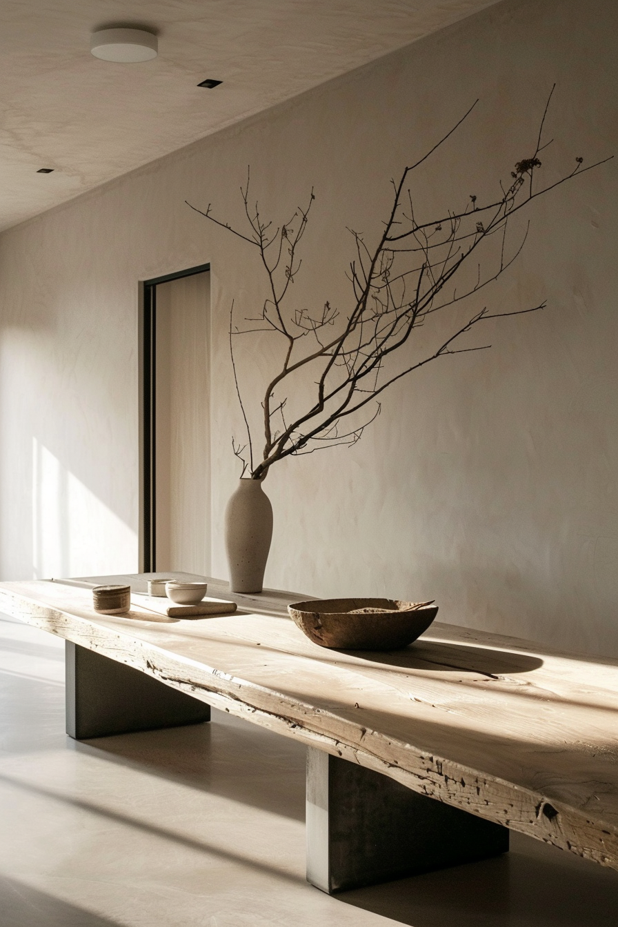 Minimalist interior with a long wooden table, a ceramic vase with bare branches, and simple pottery in soft natural light.