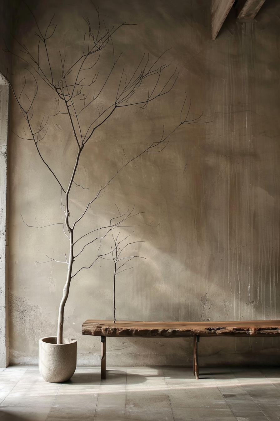 Bare tree branches in a pot beside a rustic wooden bench against a textured beige wall, casting soft shadows on the floor.