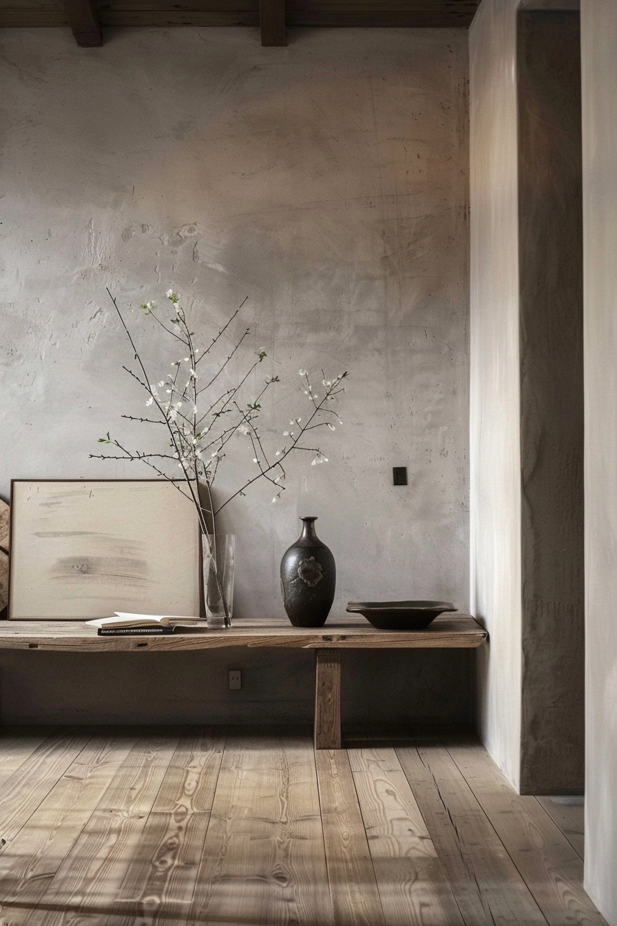 A serene corner with a rustic wooden bench, vase with bare branches, simple artwork and bowl, against a textured concrete wall.