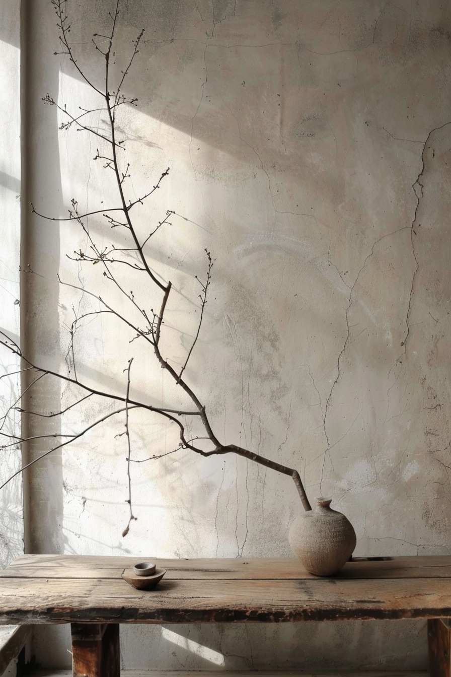A serene setting with a bare branch in a textured vase and a small bowl on a wooden table, against a rustic plaster wall with soft light.