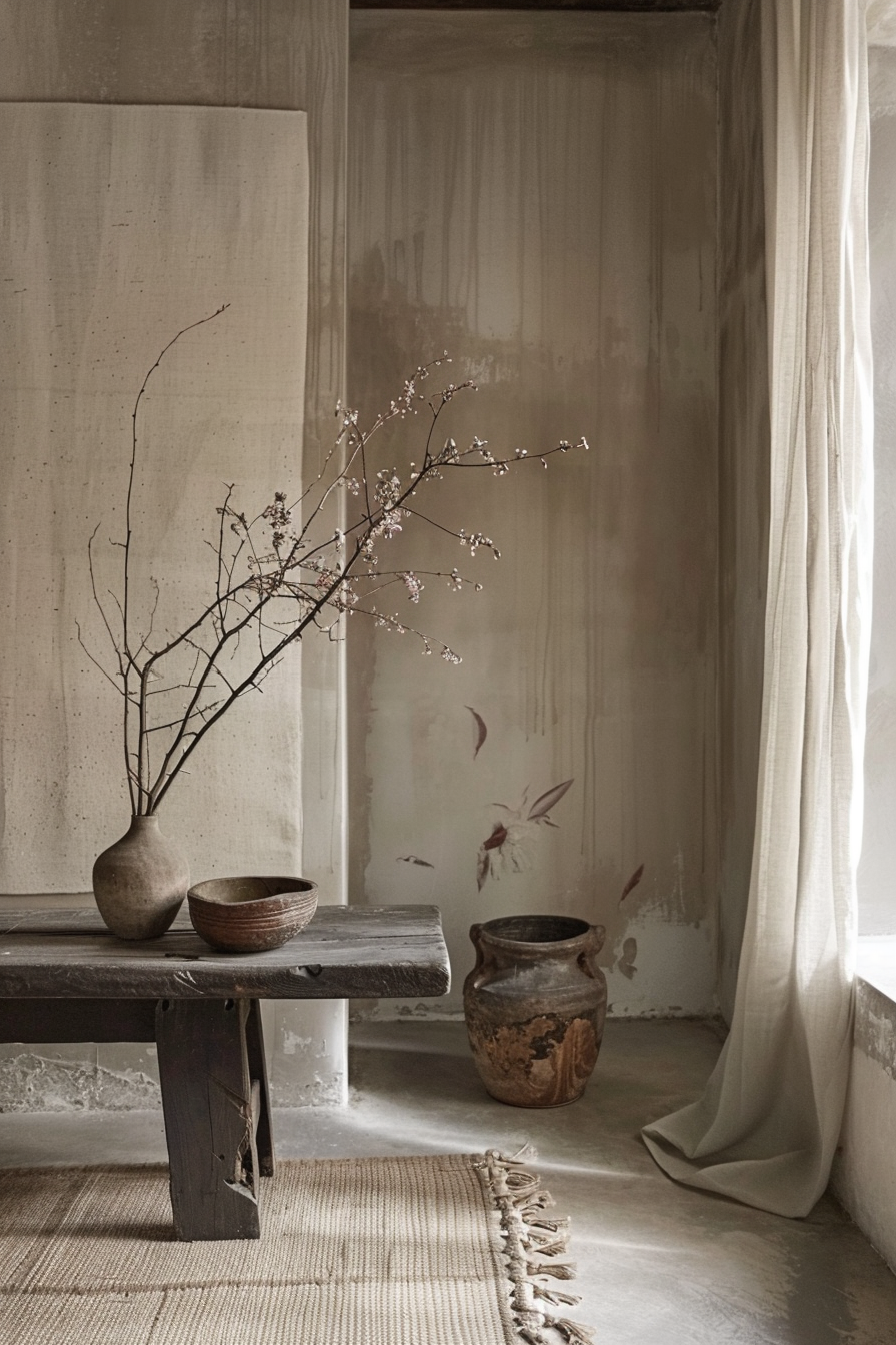 A serene room with a rustic wooden bench, a clay vase with delicate branches, bowls, a worn pot, and sheer curtains by a window.