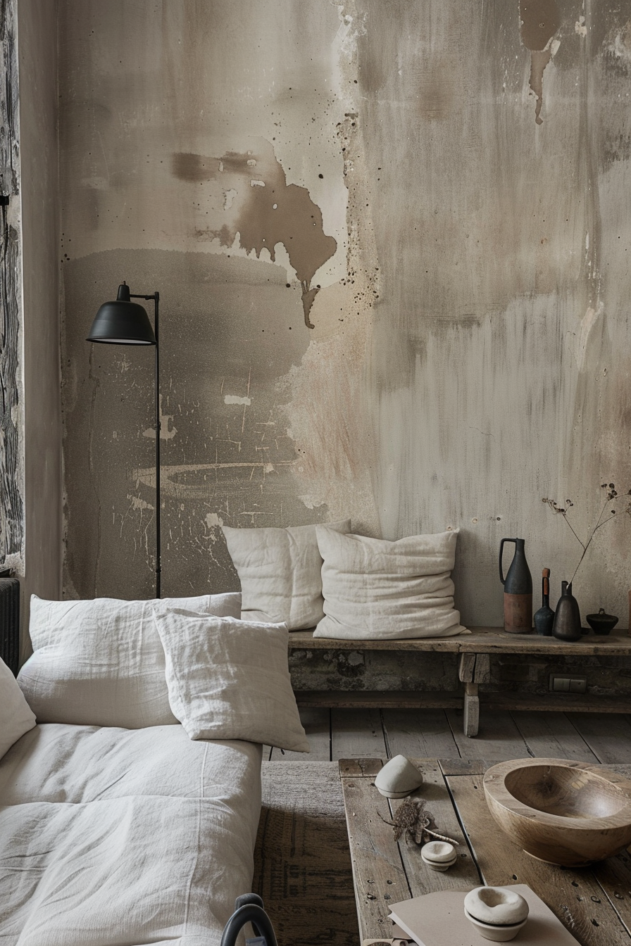 Rustic room interior with distressed wall, floor lamp, linen-covered bedding, bench with pillows, and assorted pottery.
