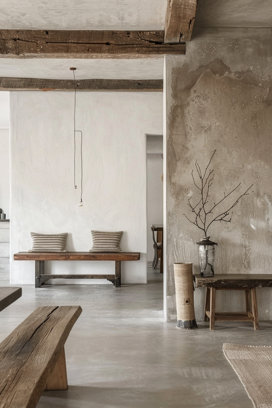 A minimalist interior with rustic wooden benches, a single pendant light, white walls, and a bare branch in a vase on a side table.