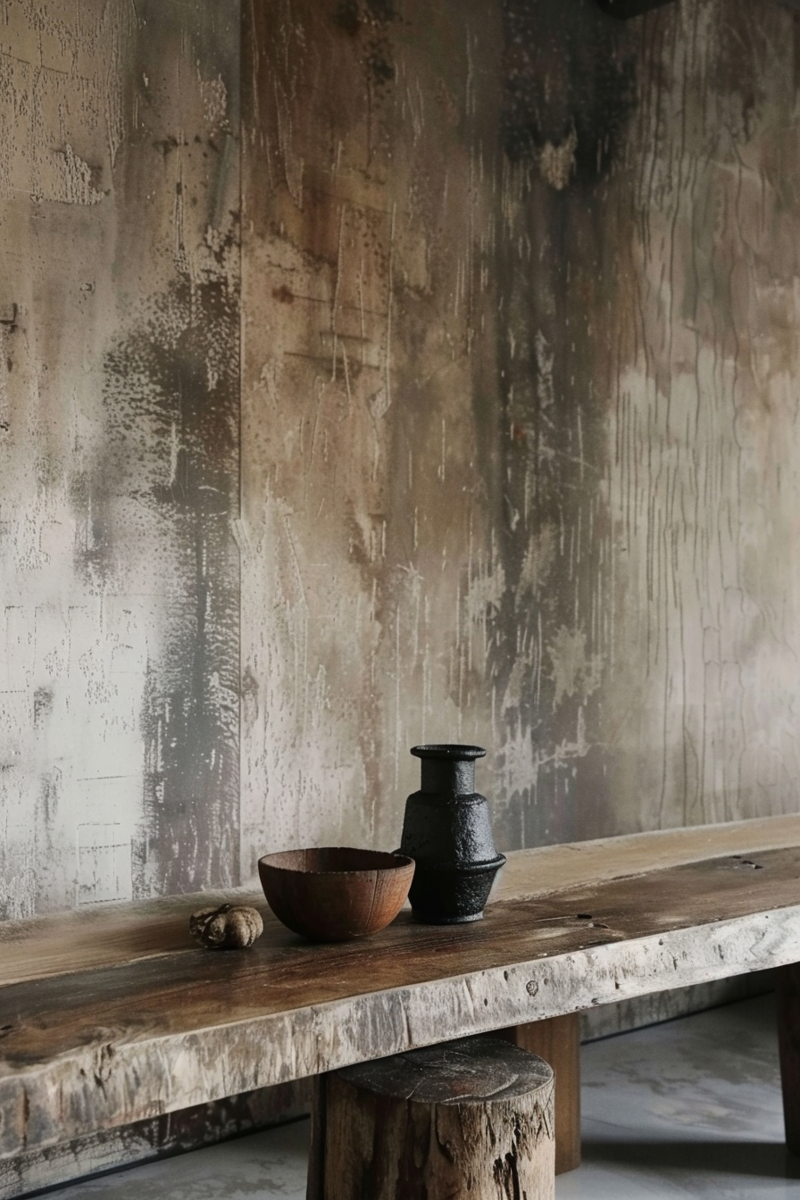 A rustic wooden bench with a bowl, a black candlestick, and an object on it against a textured, distressed wall.