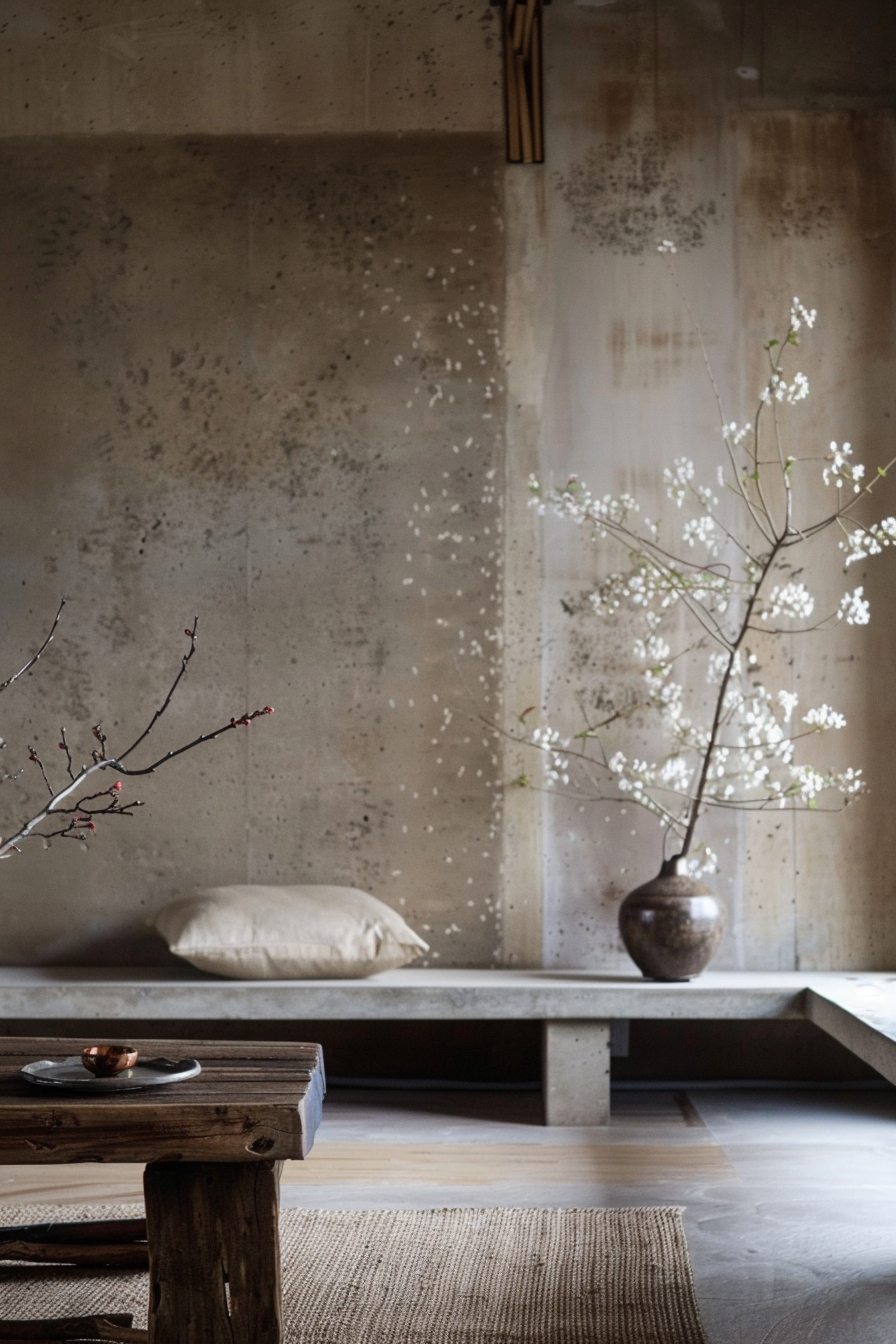 A serene interior space with a rustic wooden stool, a bronze vase with budding branches, and a low platform bed against a concrete wall.
