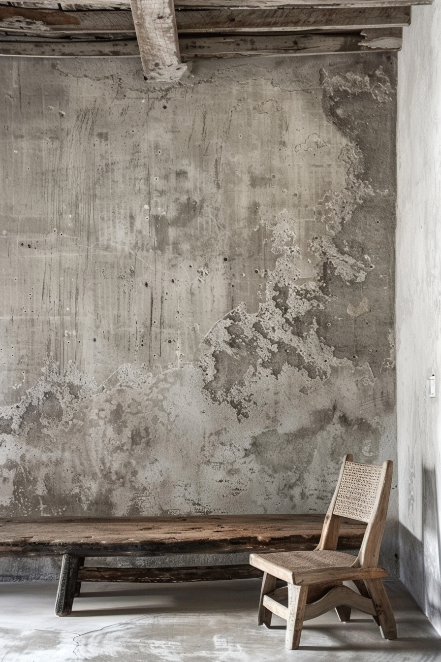 A rustic room with an old wooden bench attached to the wall and a single wooden chair on a concrete floor.