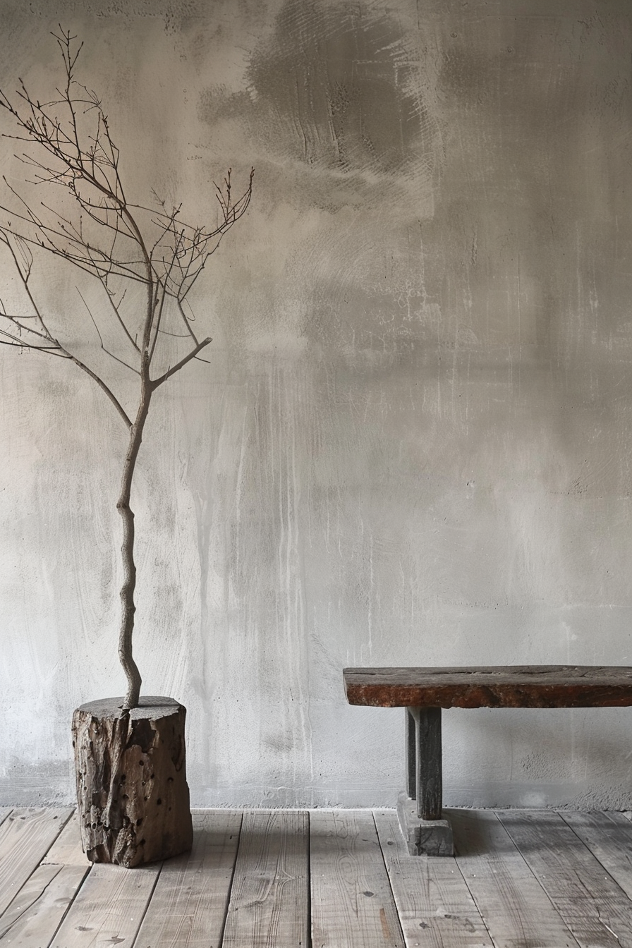 Alt text: A bare tree branch standing upright on a wooden stump beside a rustic wooden bench against a textured grey wall.