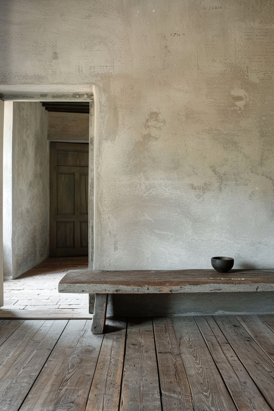 Minimalistic room with textured walls, wooden bench, and a small bowl on it, leading to a door in the background.