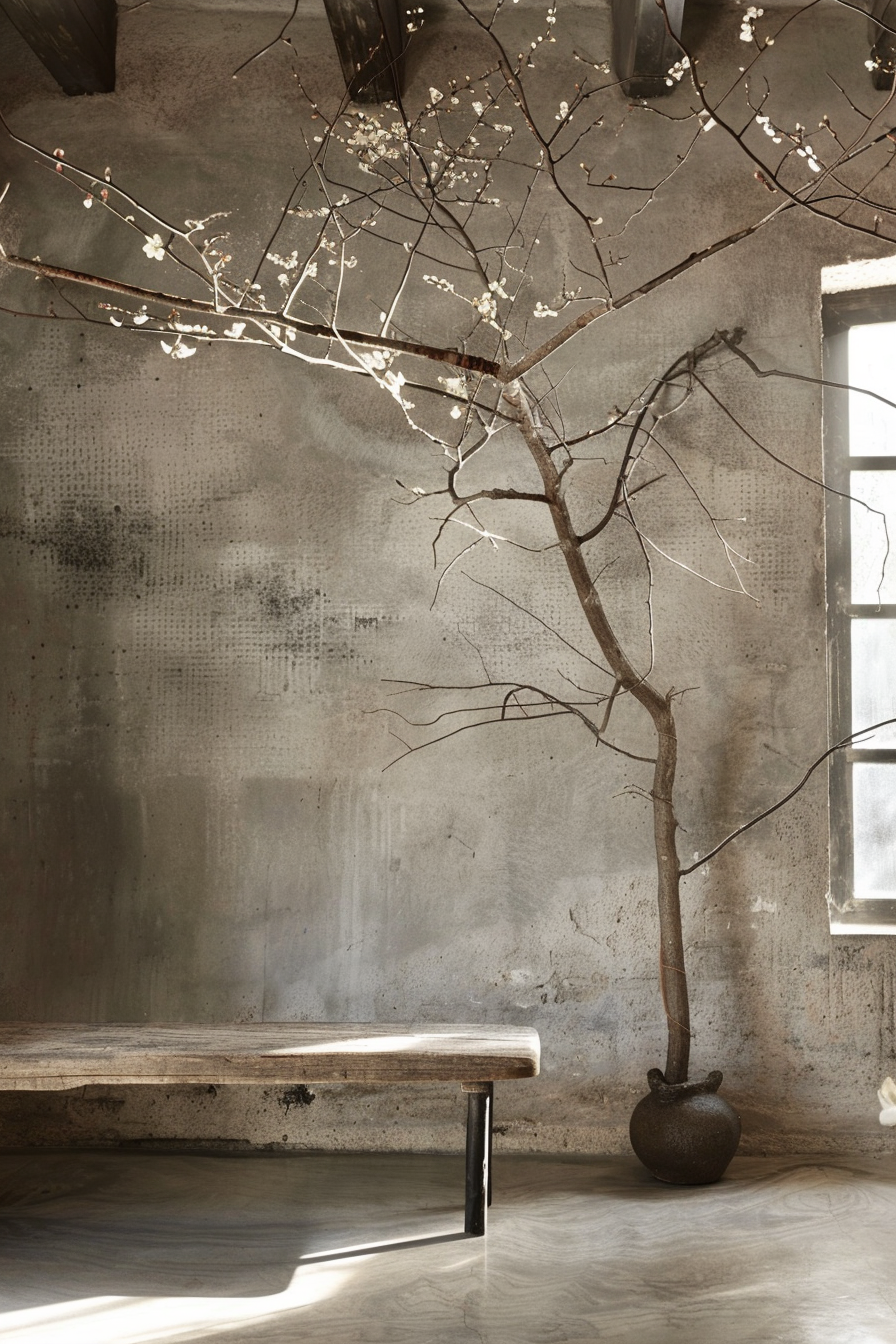 A bare tree with blossoms in a vase, set in a room with a wooden bench and rustic concrete walls, bathed in natural light.