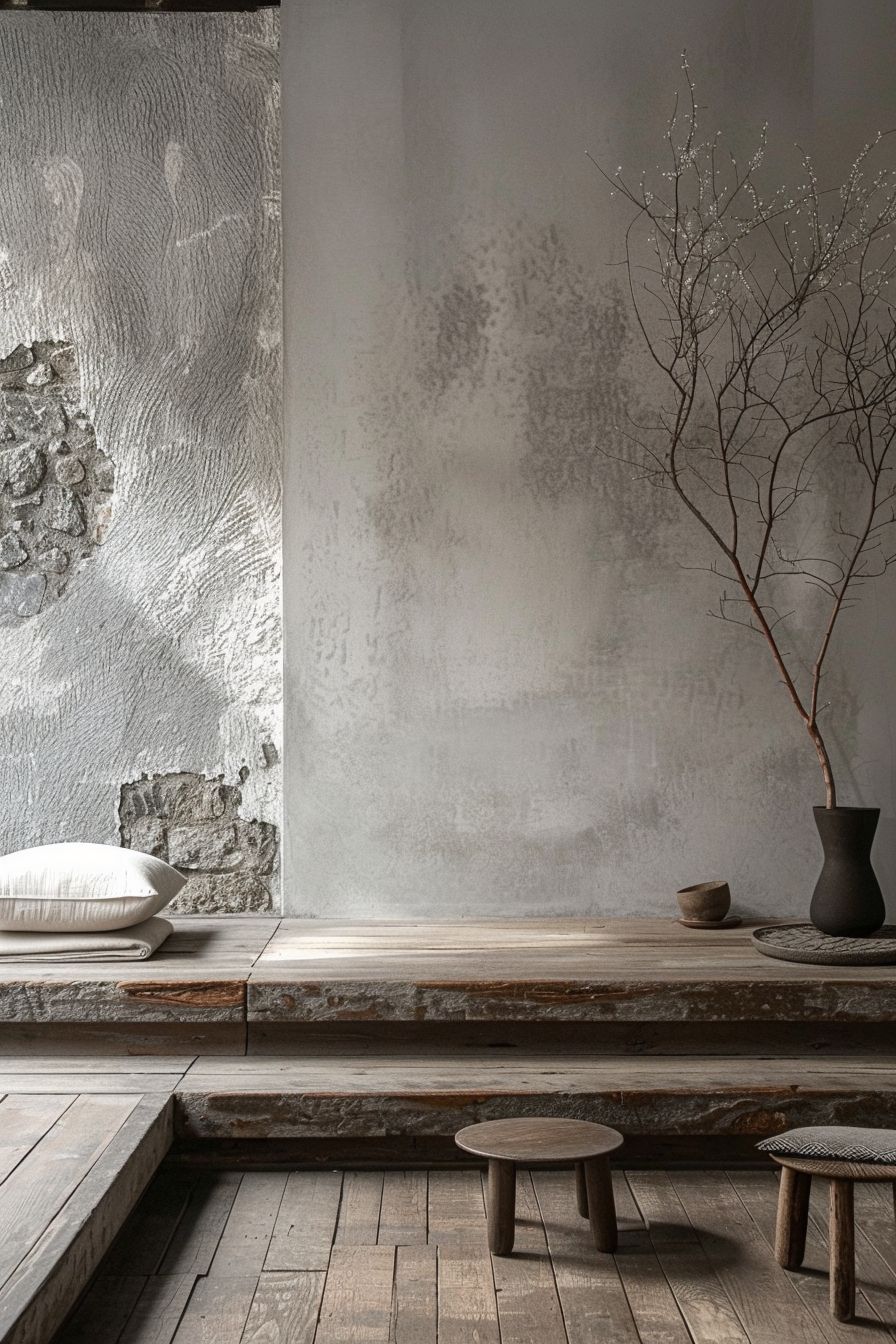 Minimalistic interior with textured walls, wooden platform and benches, a vase with branches, and decorative pillows.