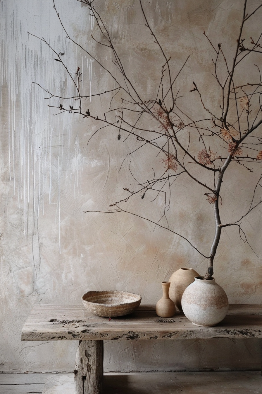 A rustic wooden bench with a woven basket, two ceramic vases, and a bare branch against a textured wall.