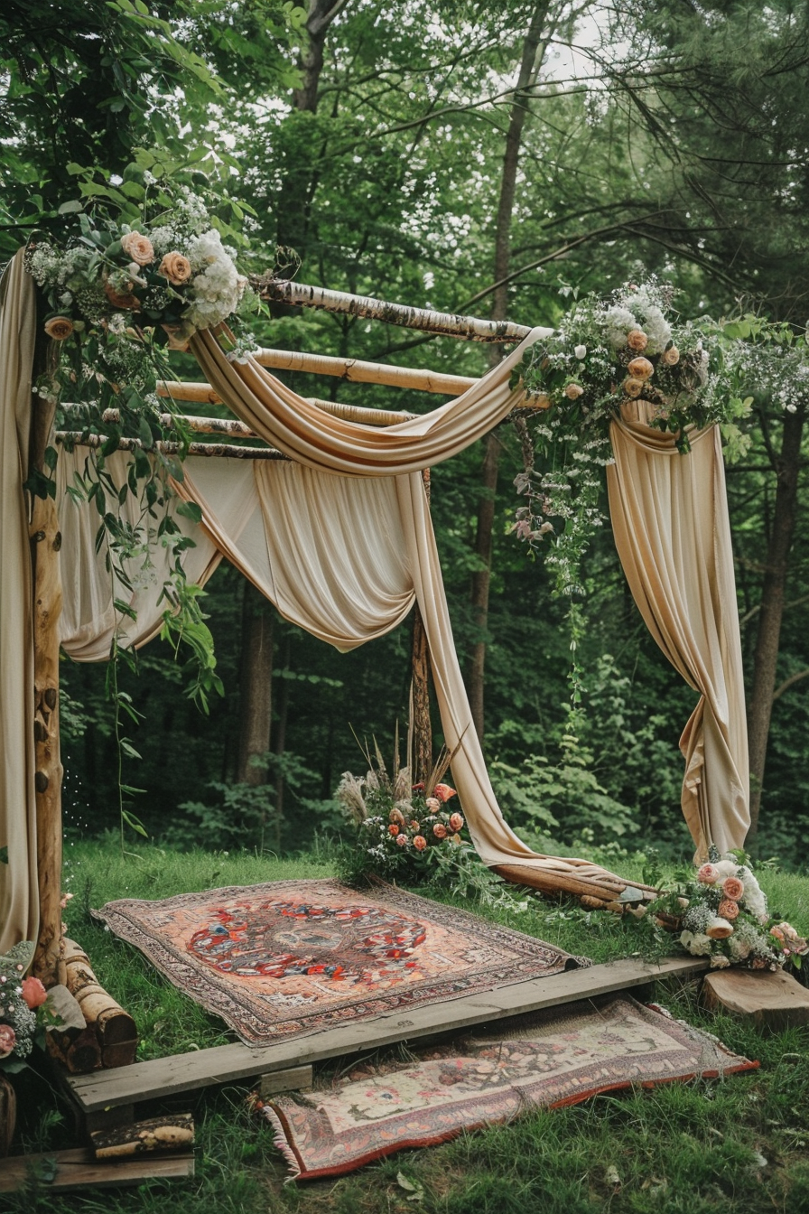 ALT: An outdoor wedding arch decorated with cream drapes and flowers, with oriental rugs on the grass in a wooded area.