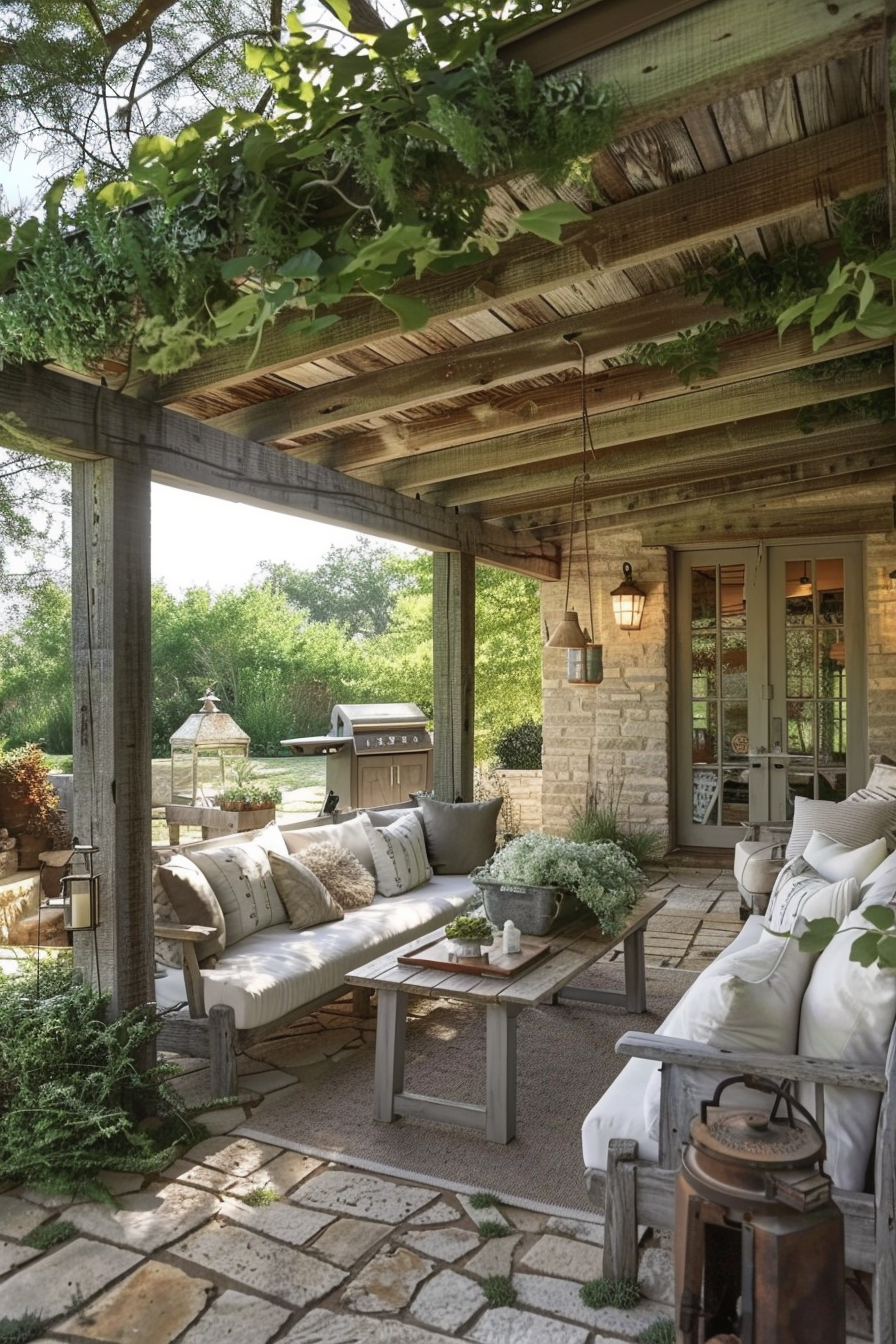Cozy outdoor patio area with a white-cushioned sofa, rustic table, hanging plants, and a lantern under a wooded pergola.