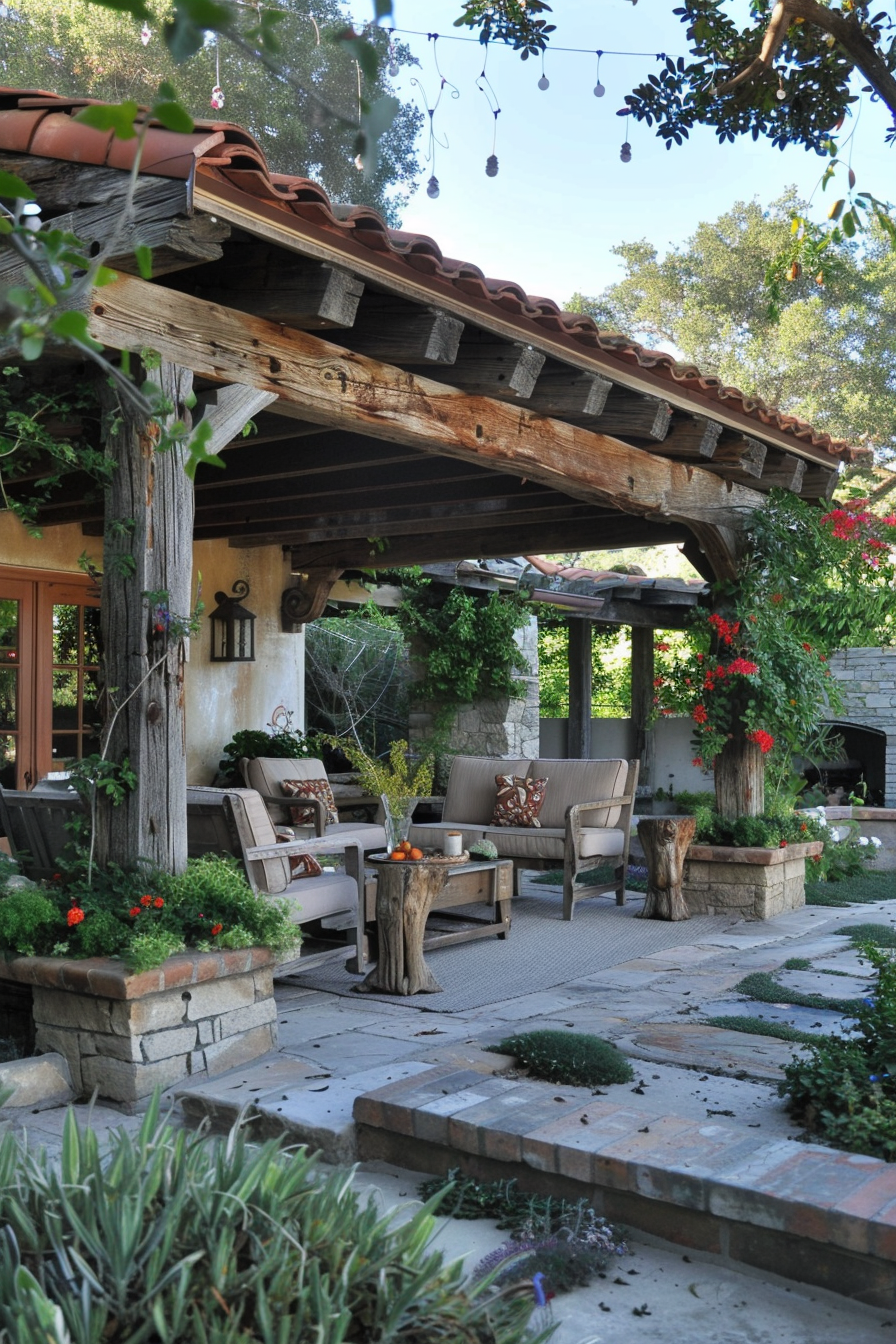 Alt text: Cozy outdoor patio with wooden beams, terracotta roof tiles, stone accents, comfortable seating, greenery, and red flowers under a clear sky.