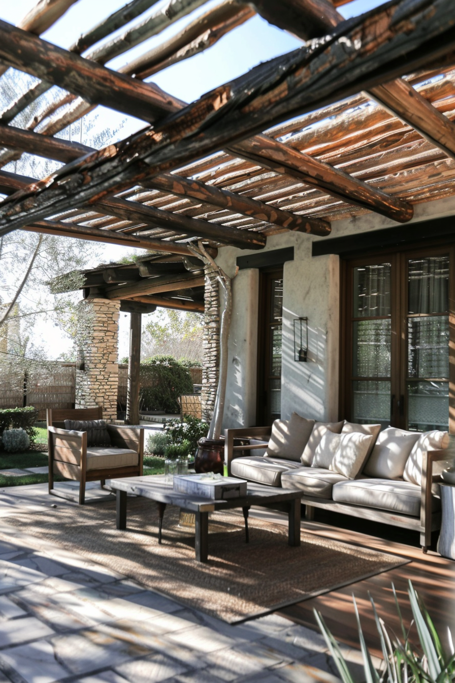 Rustic outdoor patio with wooden pergola, stone pillars, and comfortable seating in a garden setting.