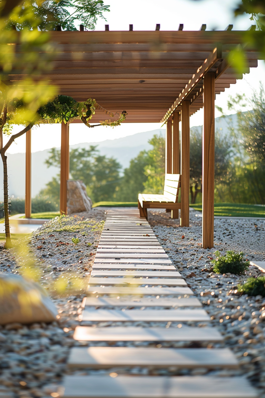 Alt text: A serene garden pathway with wooden beams covered by a pergola, leading to a bench, surrounded by lush greenery and distant mountains.
