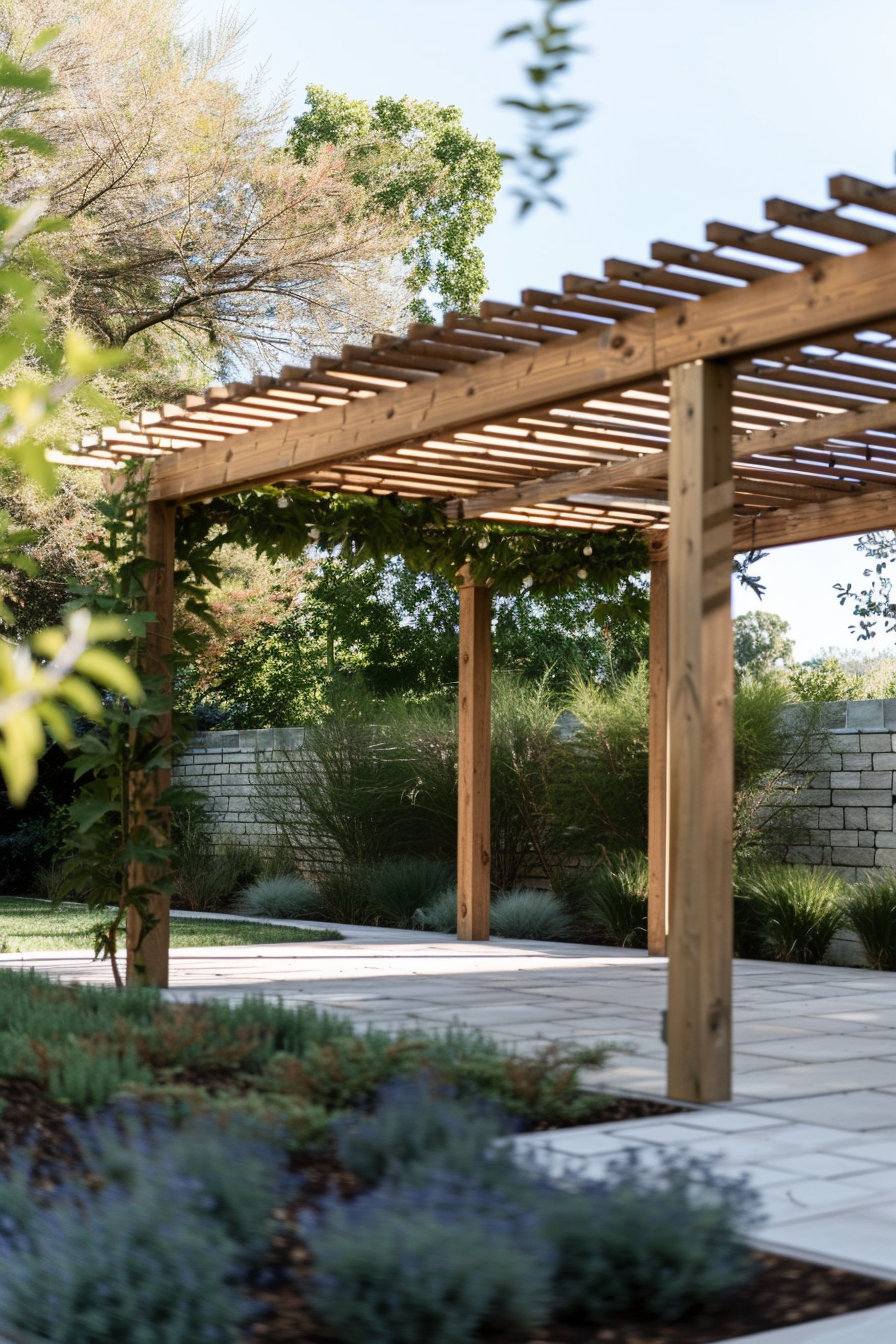 Wooden pergola in a serene garden setting with lush greenery and a stone wall background, under a clear blue sky.
