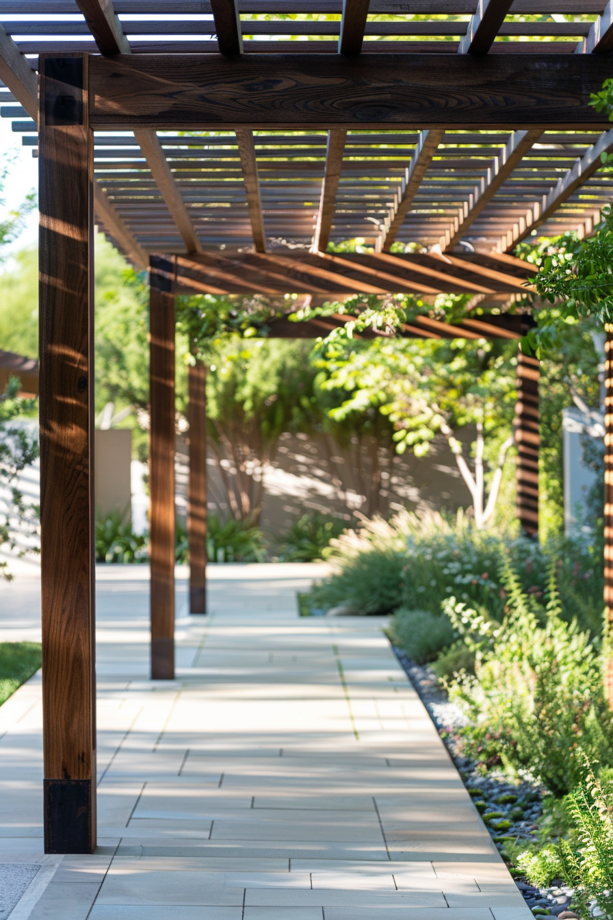 Wooden pergola over a paved walkway with greenery on either side in a serene garden setting.