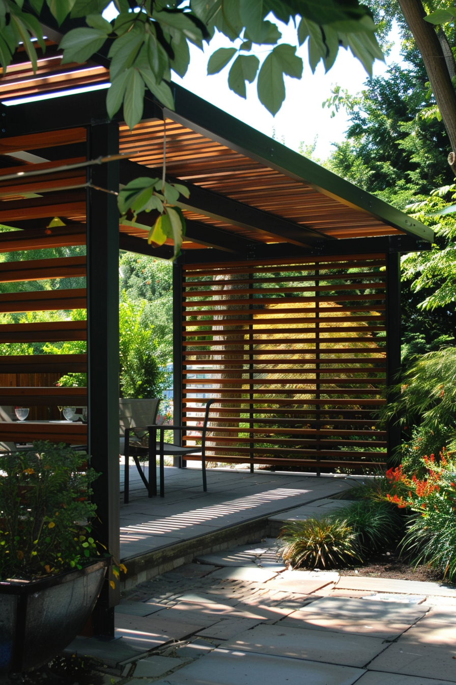 A serene garden patio with a modern wooden pergola, surrounded by lush greenery and a pathway leading through it.