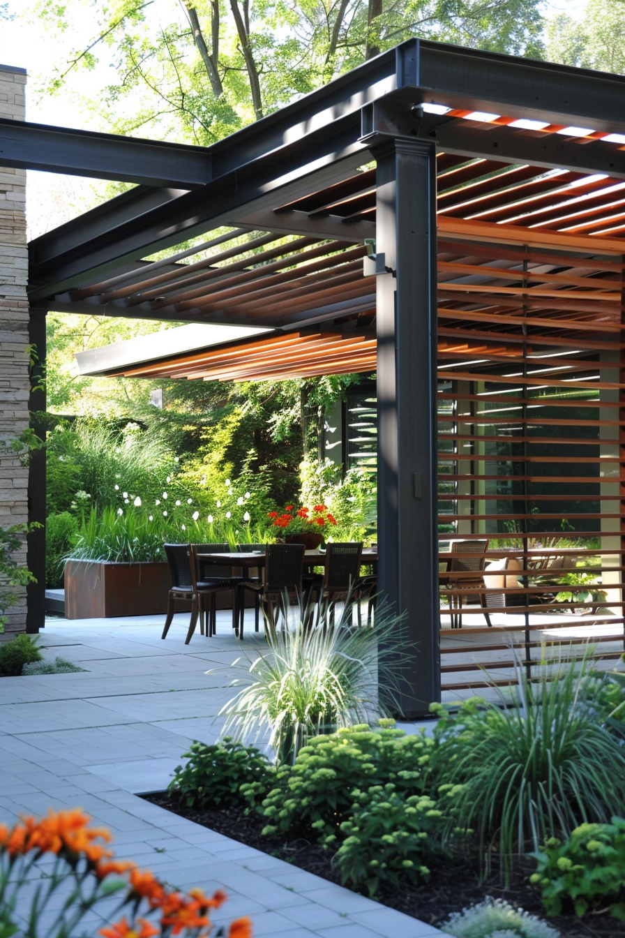 A modern outdoor patio with a pergola, dining furniture, and lush greenery, featuring a blend of architecture and landscaping.