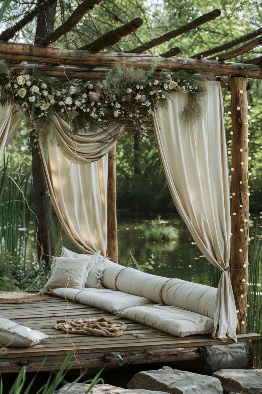 A serene lakeside wooden pergola with draped white curtains, adorned with flowers and greenery, and furnished with comfortable cushions.
