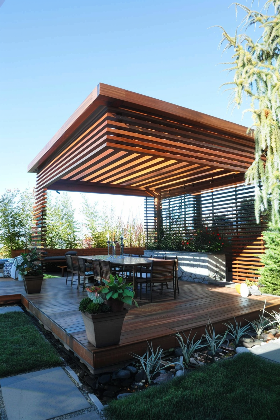 Modern wooden pergola with outdoor dining area, surrounded by greenery and decorative plants, under clear blue sky.
