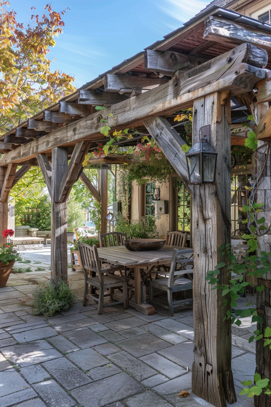 Cozy outdoor dining area under a rustic wooden pergola with hanging plants and stone paving.