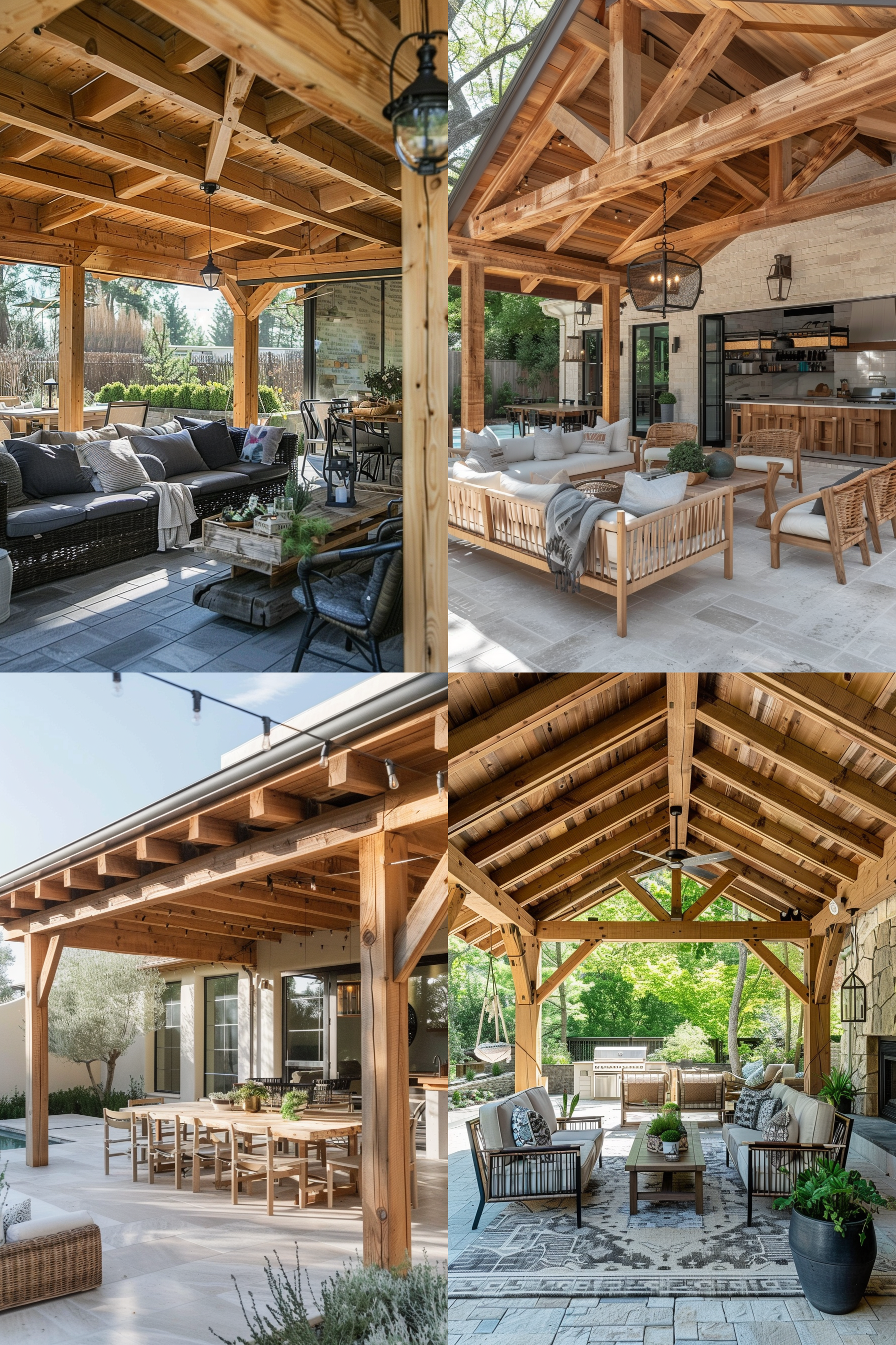 ALT: Collage of an outdoor living space with a wooden patio covering, including a dining area, lounging section with sofa, and an open-air kitchen.