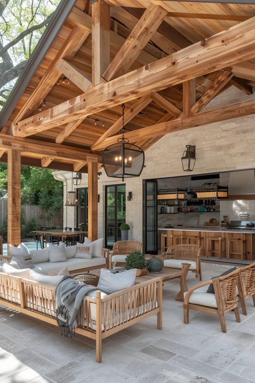 Alt text: Elegant outdoor living space with wooden furniture, exposed beams, pendant light, and a modern kitchen area in the background.