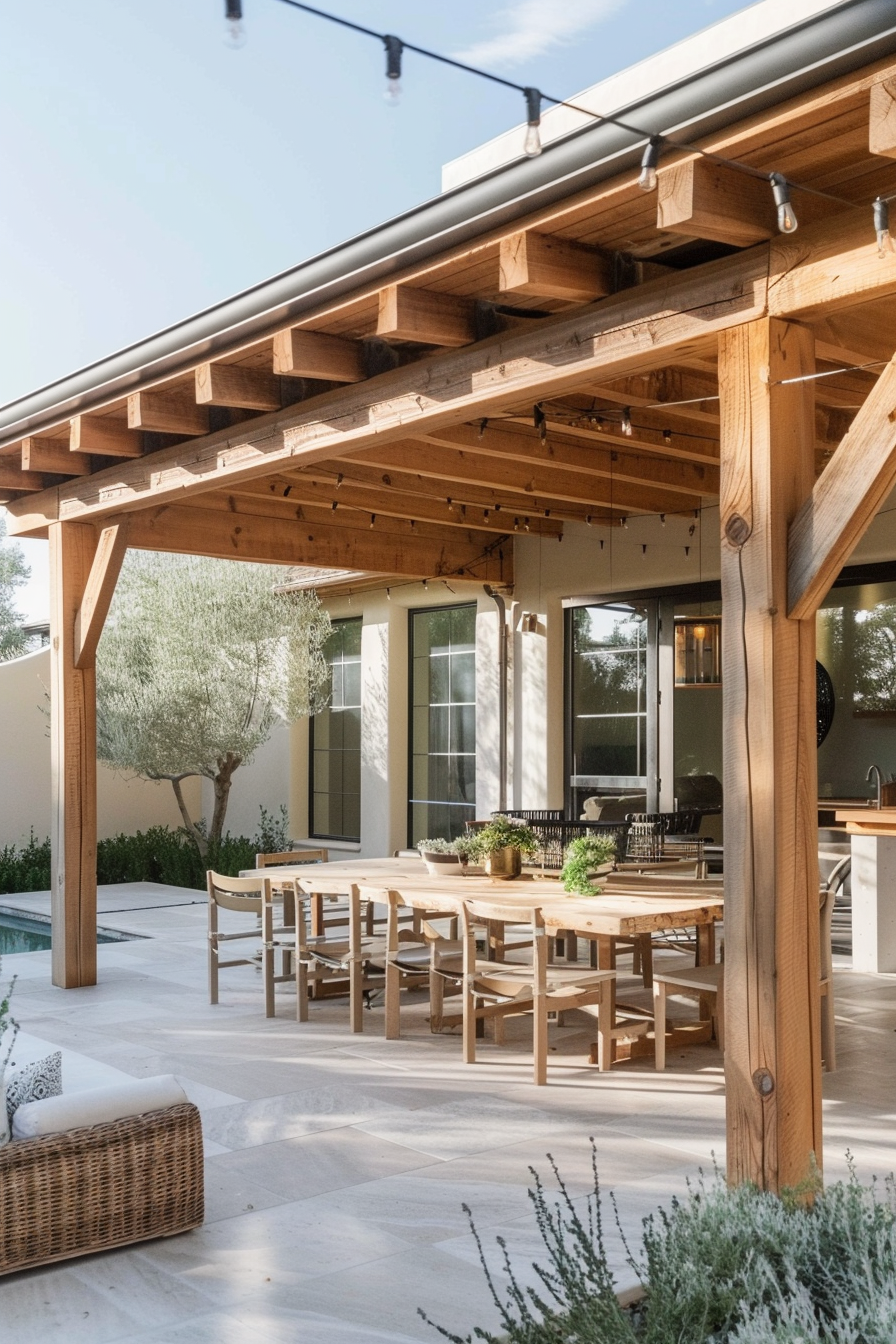 Outdoor dining area with wooden table and chairs under a pergola, adjacent to a modern house with string lights above.